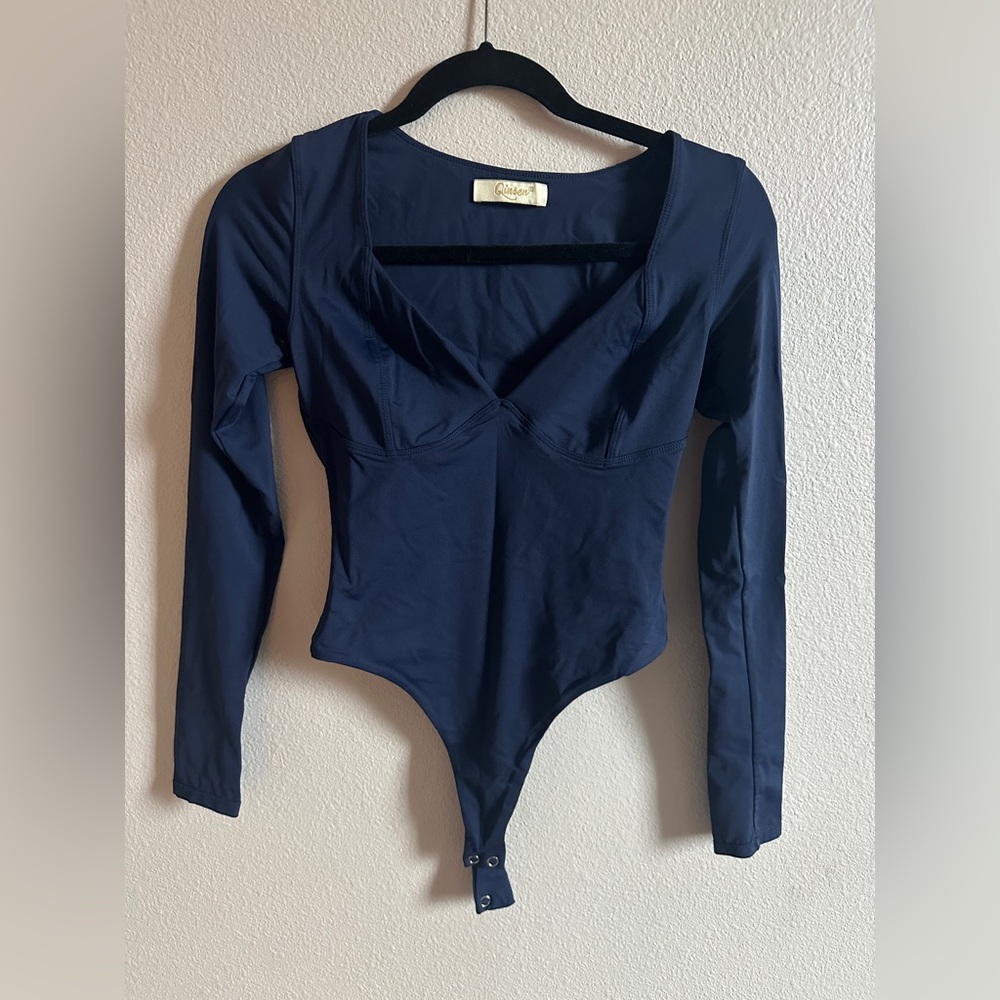 Navy Long Sleeve V-neck Bodysuit Qinsen